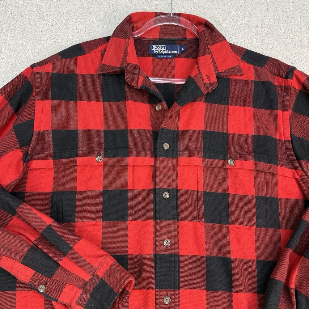 Polo‎ Ralph Lauren Christmas Buffalo Plaid Flannel Work Shirt Mens L Red Black